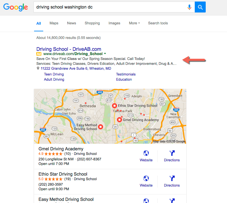 Google search of driving schools